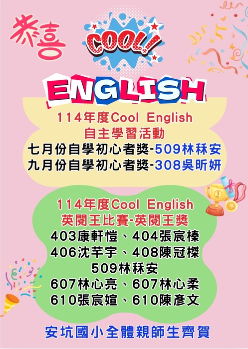 恭喜本校同學參加114學年度Cool English自主學習活動、英閱王比賽榮獲佳績！圖片