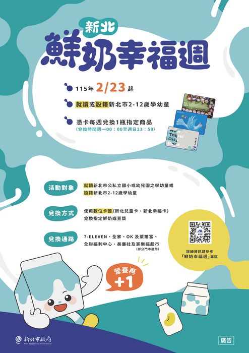 重要學生權益公告:新北市鮮奶幸福週市長的一封信,活動海報,宣傳影片,請家長自行參閱。圖片