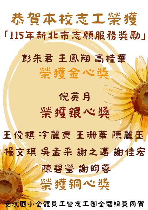 恭喜本校志工獲得115年志願服務獎勵